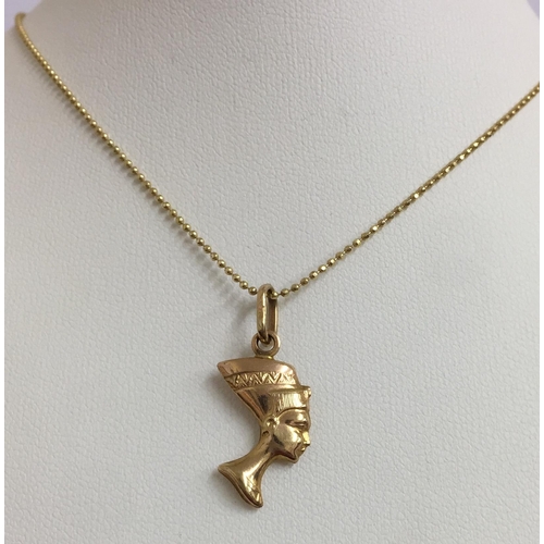 359 - 9CT GOLD NEFERTITI PENDANT ON 9CT GOLD CHAIN, 2.1G