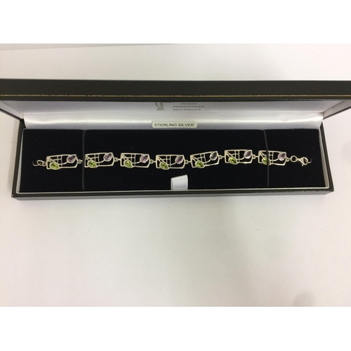 363 - STERLING SILVER RENNIE MACINTOSH THISTLE BRACELET SET WITH PERIDOTS AND AMETHYSTS