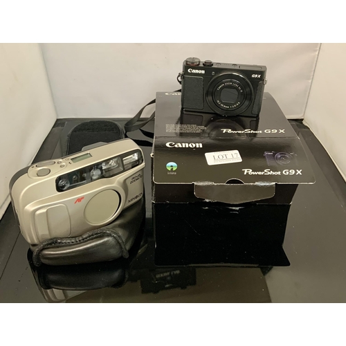 17 - BOXED CANON POWERSHOT G9X WITH CHARGER TOGETHER WITH A MINOLTA RIVA ZOOM 70 CAMERA IN CASE