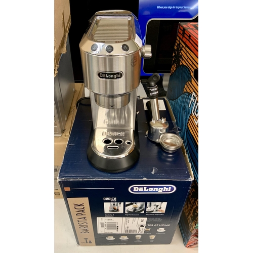 69 - BOXED DELONGHI DEDICA BARISTA SILVER COFFEE MACHINE (WORKING FINE, SOME NON-ESSENTIAL ACCESSORIES MI... 