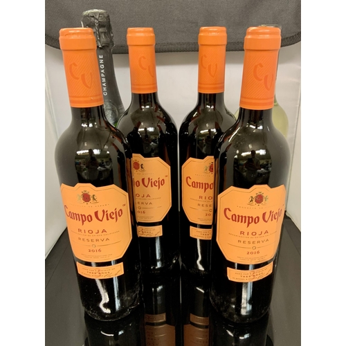 8 - 4 X BOTTLES OF CAMPO VIEJO RIOJA RESERVA TOGETHER WITH A BOTTLE OF CHAMPAGNE AND VR CHARDONNAY