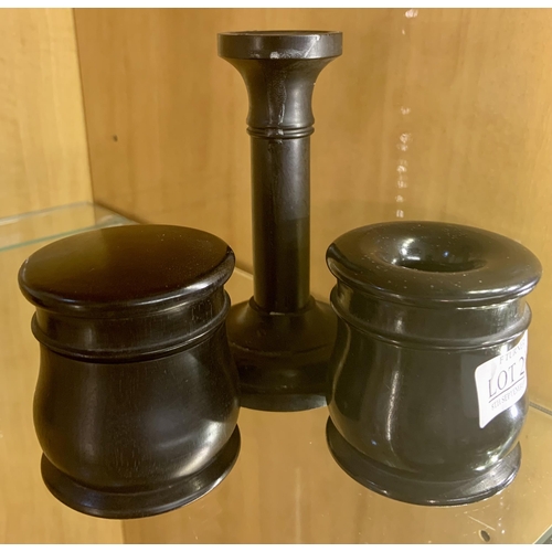 258 - 3 X EBONY VINTAGE ITEMS - CANDLESTICK, INKWELL AND COVERED JAR