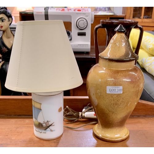 340 - A FRENCH MILK GLASS TABLE LAMP MARKED 'GANGES DINGHY' AND AN ITALIAN CERAMIC COVERED STONEWARE POT