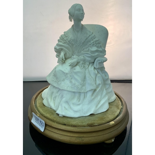 421 - VICTORIAN WHITE PARIAN WARE FIGURINE OF A YOUNG QUEEN VICTORIA SEATED ON WOODEN PLINTH C.1860 (SHOWI... 