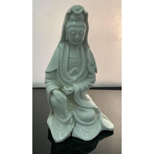 428 - BLANC DE CHINE FIGURINE OF A FIGURE KNEELING WIHT SCROLL IN HAND (FIRING CRACK AND DGE TO FINGERS)