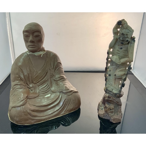 431 - ORIENTAL SOAPSTONE FIGURE AND A STONEWARE BUDDHA FIGURE WITH DAMAGED HEAD