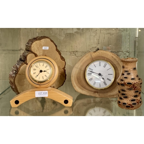 434 - TREEN WARE INCL TWO WOOD MOUNTED CLOCKS, SEED POD VASE