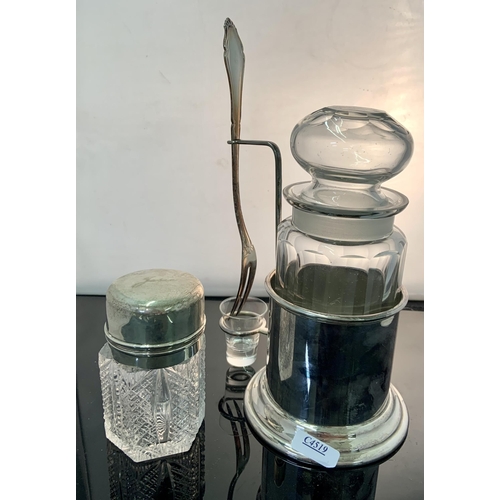 437 - UNUSUAL D&P PICKLE JAR WITH FORK AND DRIP CATCHER AND A SILVER TOPPED LEAD CRYSTAL SCENT BOTTLE