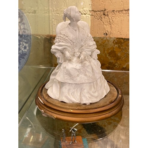 421 - VICTORIAN WHITE PARIAN WARE FIGURINE OF A YOUNG QUEEN VICTORIA SEATED ON WOODEN PLINTH C.1860 (SHOWI... 