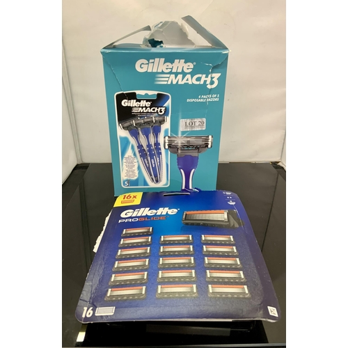 20 - BOXED GILLETTE MACH3 DISPOSABLE RAZORS 4 PACKS OF 5 (20 TOTAL) TOGETHER WITH 12 GILLETTE PRO GLIDE R... 