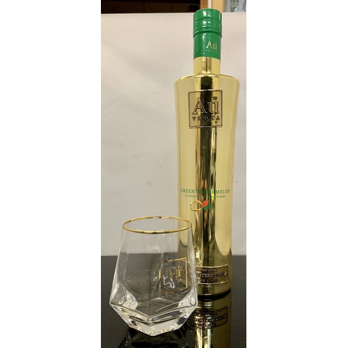 34 - BOTTLE OF AU VODKA GREEN WATERMELON 70CL TOGETHER WITH A COORDINATING AU GLASS