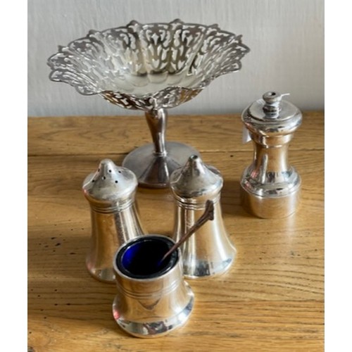 356 - SILVER PLATED CONDIMENTS: a PARK GREEN 'PETER PIPER' PEPPER MILL AND PEPPER, SALT & MUSTARD POT WITH... 