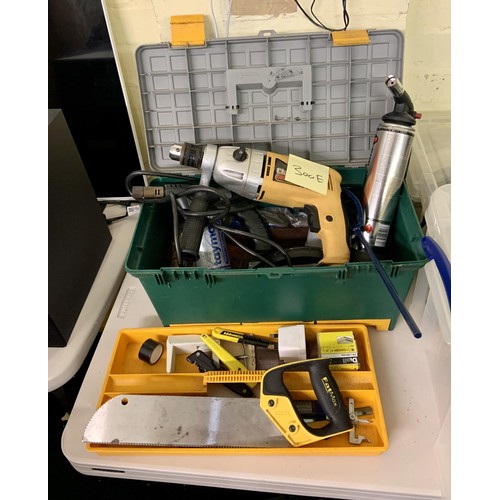 300E - TOOL BOX & CONTENTS INCL. SAW, CLARKE DRILL, MIXER,  AND OTHER MISCELLANEOUS TOOLS