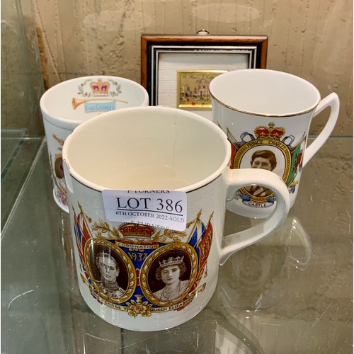 386 - Foley Shelley G V & Q M coronation mug, G VI & Q E Coronation mug ( chips) ,and King Charles III -as... 