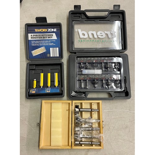 266A - CASED TREND10 PC ROUTING BIT SET WITH A 4PC WORKZONE KITCKEN ROUTER BIT SET AND ONE OTHER 5 PC BIT S... 