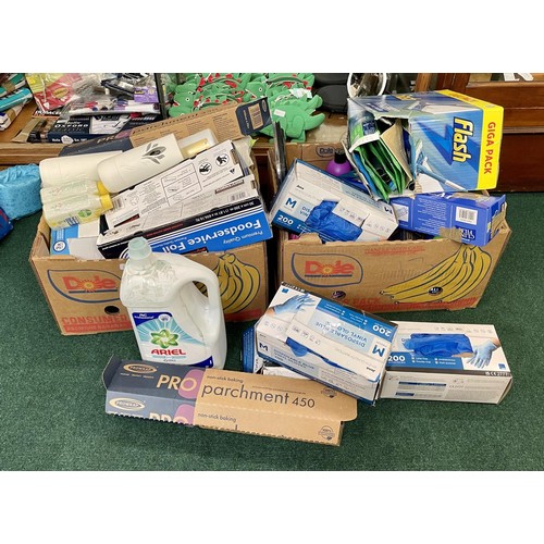 146 - 2 X BOXES OF VARIOUS HOUSEHOLD ITEMS INC. FOIL, PARCHMENT PAPER, VINYL DISPOSABLE GLOVES, WASHING TA... 