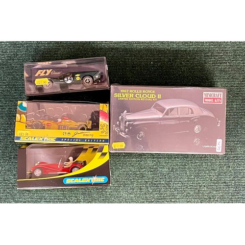 270A - BOXED 1962 SILVER CLOUD II MODEL KIT AS/NEW TOGETHER WITH 3 SCALEXTRIX CARS IN CASES