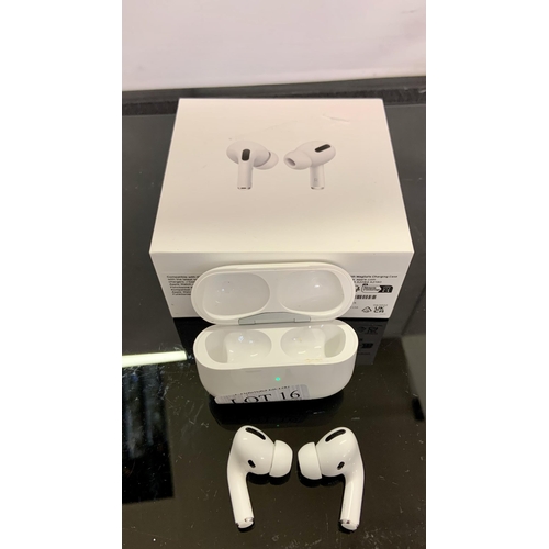 16 - BOXED PAIR OF APPLE AIR POD PROS IN WIRELESS CHARGING CASE WITH CHARGING WIRE/EXTRA BUDS