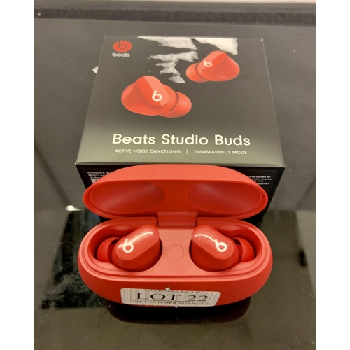 22 - BOXED PAIR OF BEATS STUDIO BUDS ACTIVE NOISE CANCELLING WIRELESS EAR BUDS IN CHARGING CASE