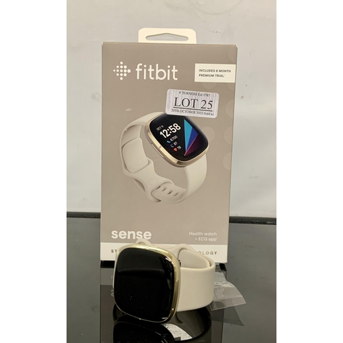 25 - BOXED FITBIT SENSE HEALTH WATCH PLUS ECG APP - SOFT GOLD/LUNAR WHITE STRAP