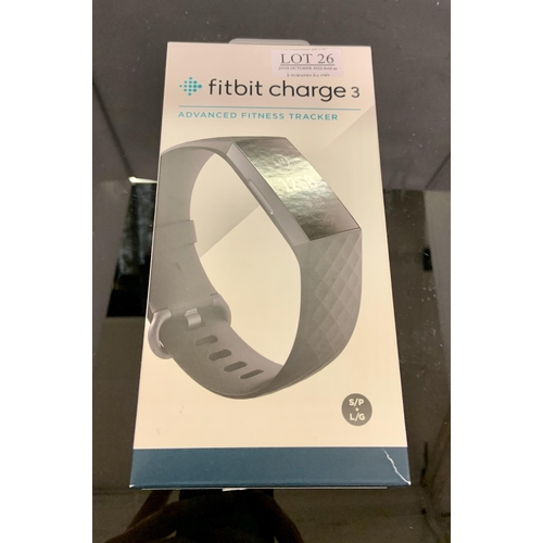 26 - BOXED FITBIT CHARGE 3 ADVANCED FITNESS TRACKER - GRAPHITE ALUMINIUM/BLACK BAND