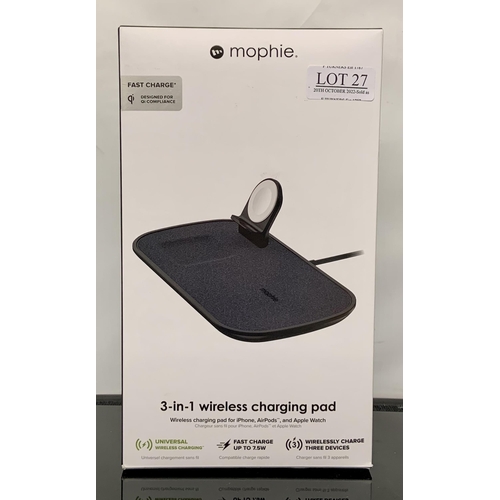 27 - BOXED MOPHIE 3 IN 1 WIRELESS CHARGING PAD FOR PHONE/AIRPODS/WATCH CHARGE THREE DEVICES AT ONCE