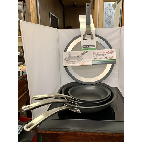 104 - SET OF 3 KIRKLAND SAUTEE PANS TOGETHER WITH A TRAMONTINA UNIVERSAL SPLATTER SCREEN