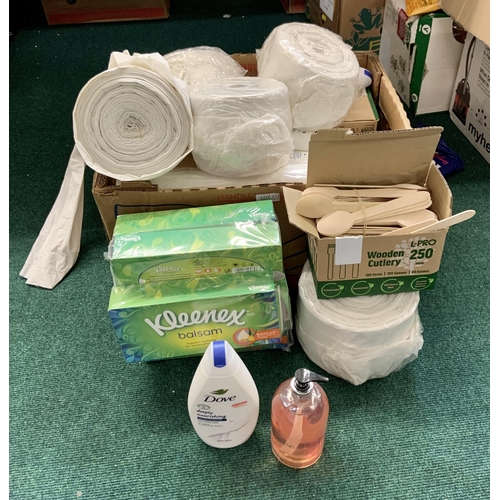 174 - BOX OF VARIOUS HOUSEHOLD ITEMS INC DOVE BODY WASH, DISPOSABLE CUTLERY, BIN BAGS, HAND WASH FACE TISS... 