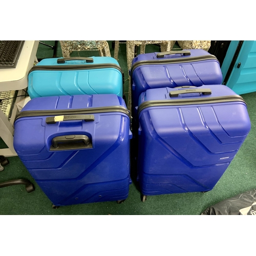 199 - 4 X AMERICAN TOURISTER HARDSIDE SUITCASES - 3 X ROYAL BLUE/1 X LIGHT BLUE - ALL WITH ZIP FAULTS