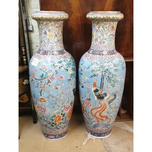 312 - CHINESE - PEACOCK PATTERN LOBED VASES - A PAIR OF WELL MATCHED CHINESE TURQUOISE VASES - APPROX. 145... 