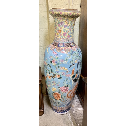 312 - CHINESE - PEACOCK PATTERN LOBED VASES - A PAIR OF WELL MATCHED CHINESE TURQUOISE VASES - APPROX. 145... 