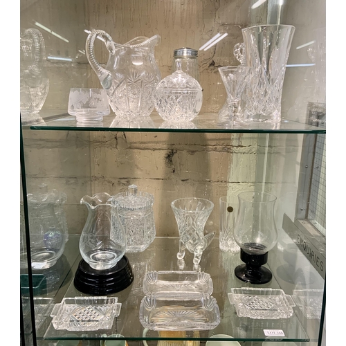 366 - 3 X SHELVES OF VARIOUS LEAD CRYSTAL ITEMS INC. RAMSEY, SUTHERLAND VASES, STUART CRYSTAL BOWLS, HORN ... 