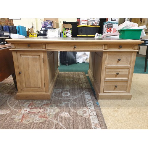 274 - LARGE OAK LEATHER TOPPED PARTNERS DESK - DRAWERS/CUPBOARD TO EACH SIDE - 160CM WIDE X 120CM DEPTH X ... 