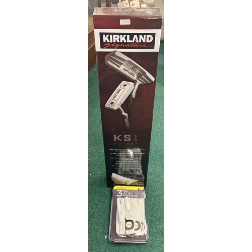 62 - BOXED KIRKLAND KS1 STAINLESS STEEL PUTTER WITH COVER TOGETHER WITH A SET OF 3 SMALL KIRKLAND GOLF GL... 