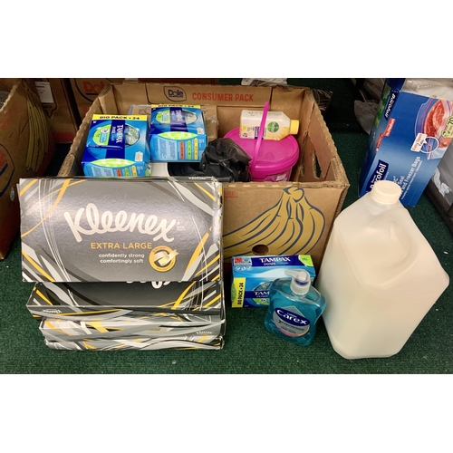 173 - BOX OF VARIOUS HOUSEHOLD ITEMS INC. VANISH OXY ACTION STAIN REMOVER, ANDREX WASHLETS, KLEENEX TISSUE... 
