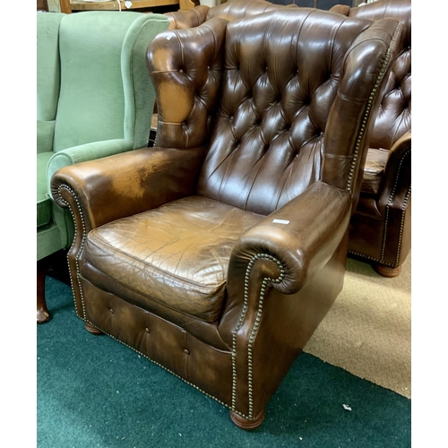 221 - BROWN LEATHER BUTTON BACK CHESTERFIELD STYLE WINGBACK FIRESIDE CHAIR