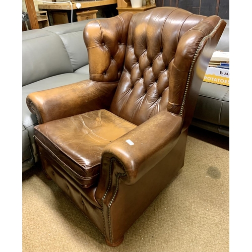 223 - BROWN LEATHER BUTTON BACK CHESTERFIELD STYLE WINGBACK FIRESIDE CHAIR