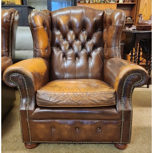 222 - BROWN LEATHER BUTTON BACK CHESTERFIELD STYLE WINGBACK FIRESIDE CHAIR