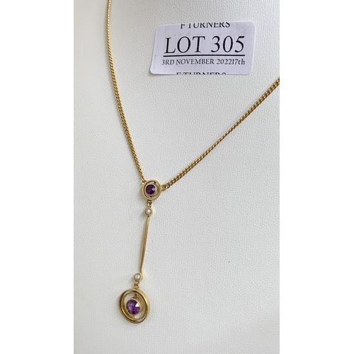 305 - 9CT YELLOW GOLD, AMETHYST & SEED PEARL PENDANT ON 9CT GOLD CHAIN