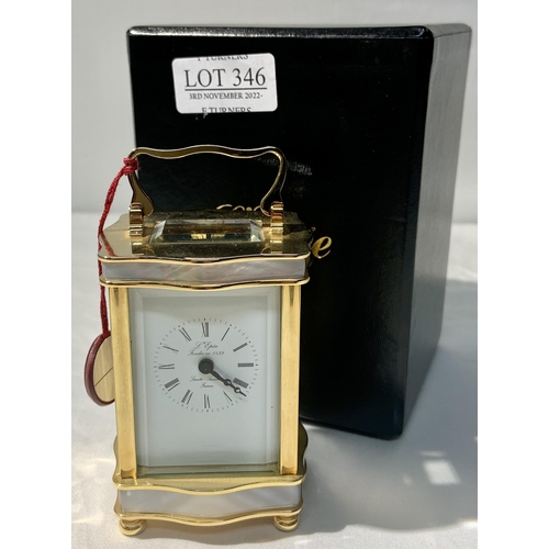 346 - L'EPEE MINIATURE CARRIAGE CLOCK WITH DOUBLE ENDED KEY, SERPENTINE BRASS AND MOTHER OF PEARL CASE, BE... 