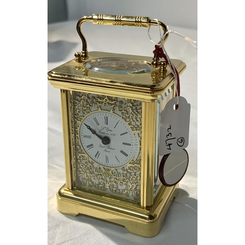 350 - A L'EPEE MINIATURE GILT/BRASS CARRIAGE CLOCK, KEY AND BOX WITH WHITE ENAMEL DIAL WITH FRETTED GILT B... 