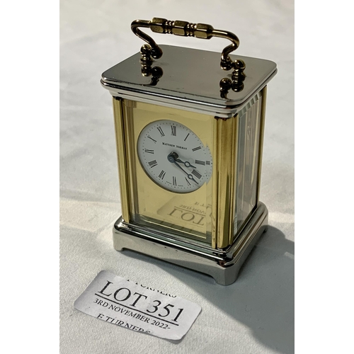 351 - A MATTHEW NORMAN 1742 BRASS CASES MINIATURE CARRIAGE CLOCK WITH KEY - CERT./INSTRUCTIONS/BOX - 8 DAY... 