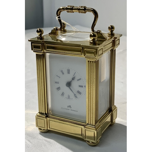 352 - MATTHEW NORMAN 1760 BRASS CASED CARRIAGE CLOCK WITH KEY AND BOX, 8 DAY MOVEMENT 11 JEWELS UNADJUSTED... 