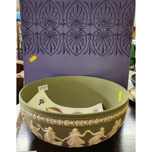 447 - A LIMITED EDITION LARGE SAGE GREEN WEDGWOOD FRUITE BOWL WITH DANCING NYMPHS AND ORIGINAL BOX 10