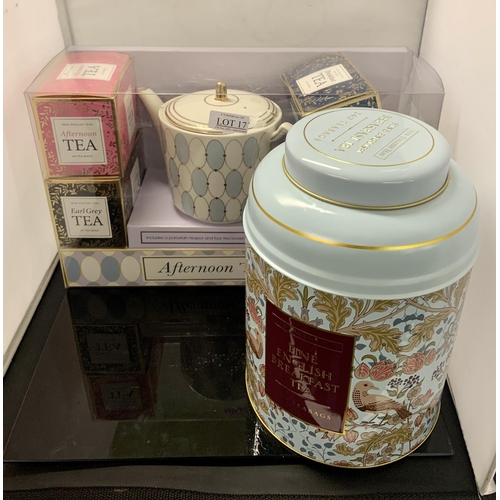 17 - BOXED AFTERNOON TEA SET INC. TEA POT, VARIOUS TEAS, TOGETHER WITH A NEW ENGLISH TEAS - FINE ENGLISH ... 