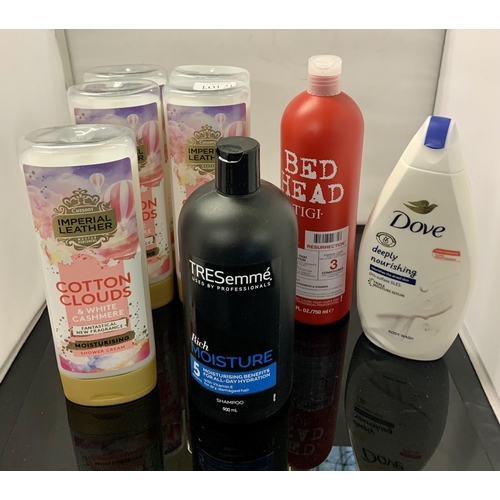 21 - MIXED TOILETRIES LOT - TRESEMME SHAMPOO, BED HEAD CONDITIONER, DOVE BODY WASH, IMPERIAL LEATHER SHOW... 