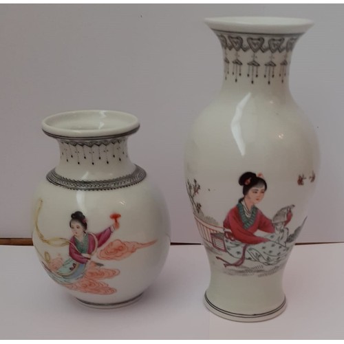 223 - Two Chinese republic period, small hand painted porcelain vases, one vase 15 cm (height), the other ... 