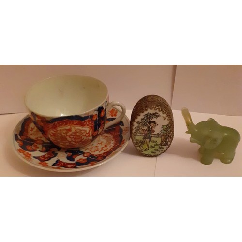 228 - Chinese Imari porcelain cup + saucer and a vintage Chinese mirrored powder box and cover probably wh... 