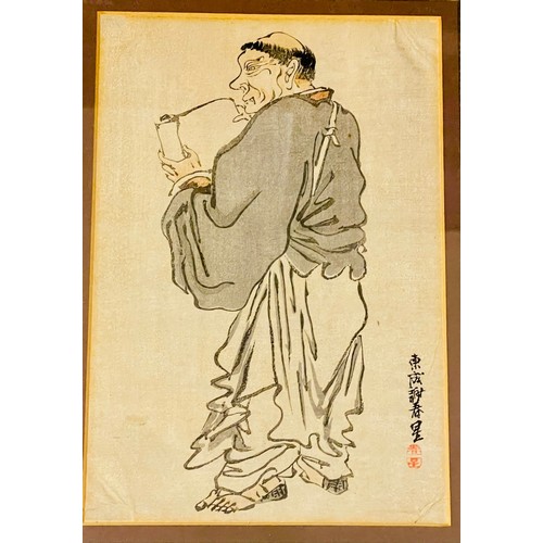 238 - A FRAMED JAPANESE PRINT OF A LOHAN WITH SCRIPT -FRAME 35X28.5 CMS