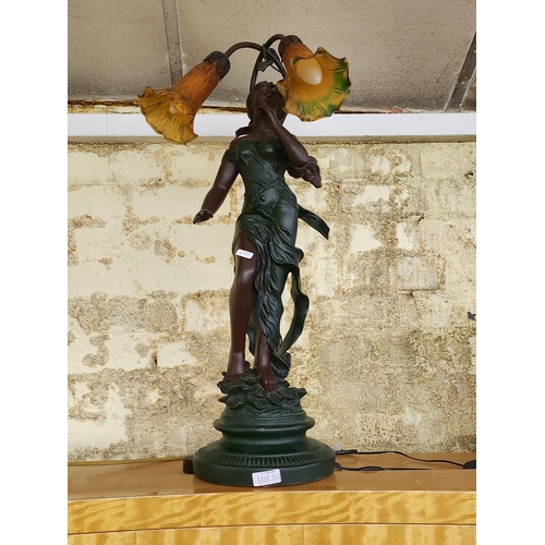 331 - REPRODUCTION ART NOUVEAU TWIN SHADE TABLE LAMP IN THE FORM OF FLOWERS ABOVE A FEMALE FIGURE ON A PED... 